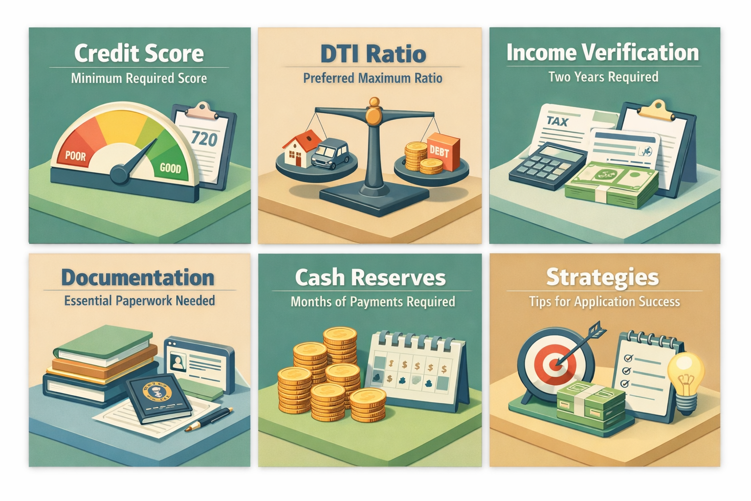 Infographic detailing credit score, DTI ratio, income verification, documentation, cash reserves, and strategies for jumbo loan applications.