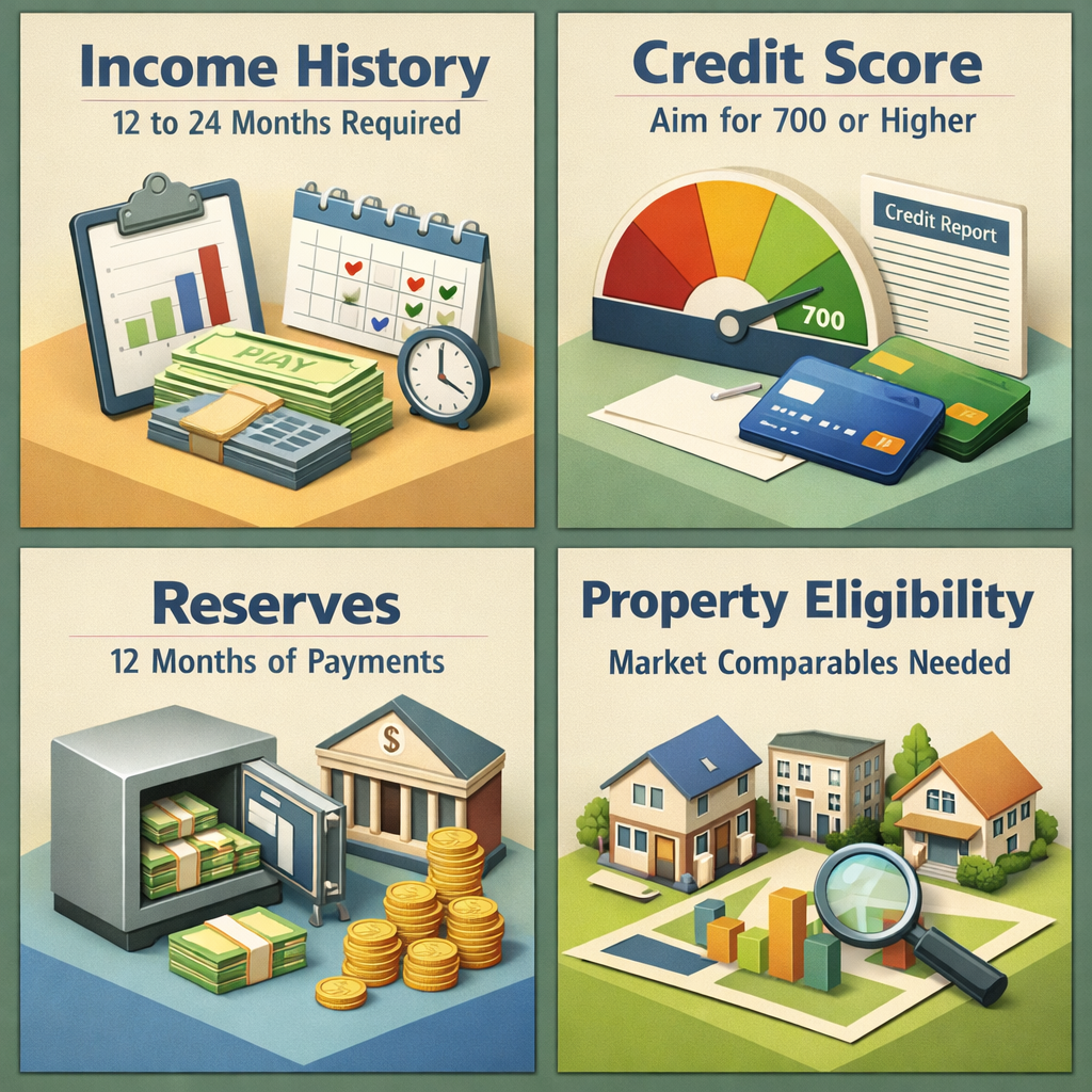 Infographic detailing key requirements for qualifying for a jumbo loan with short-term rental income, including income history and credit score.