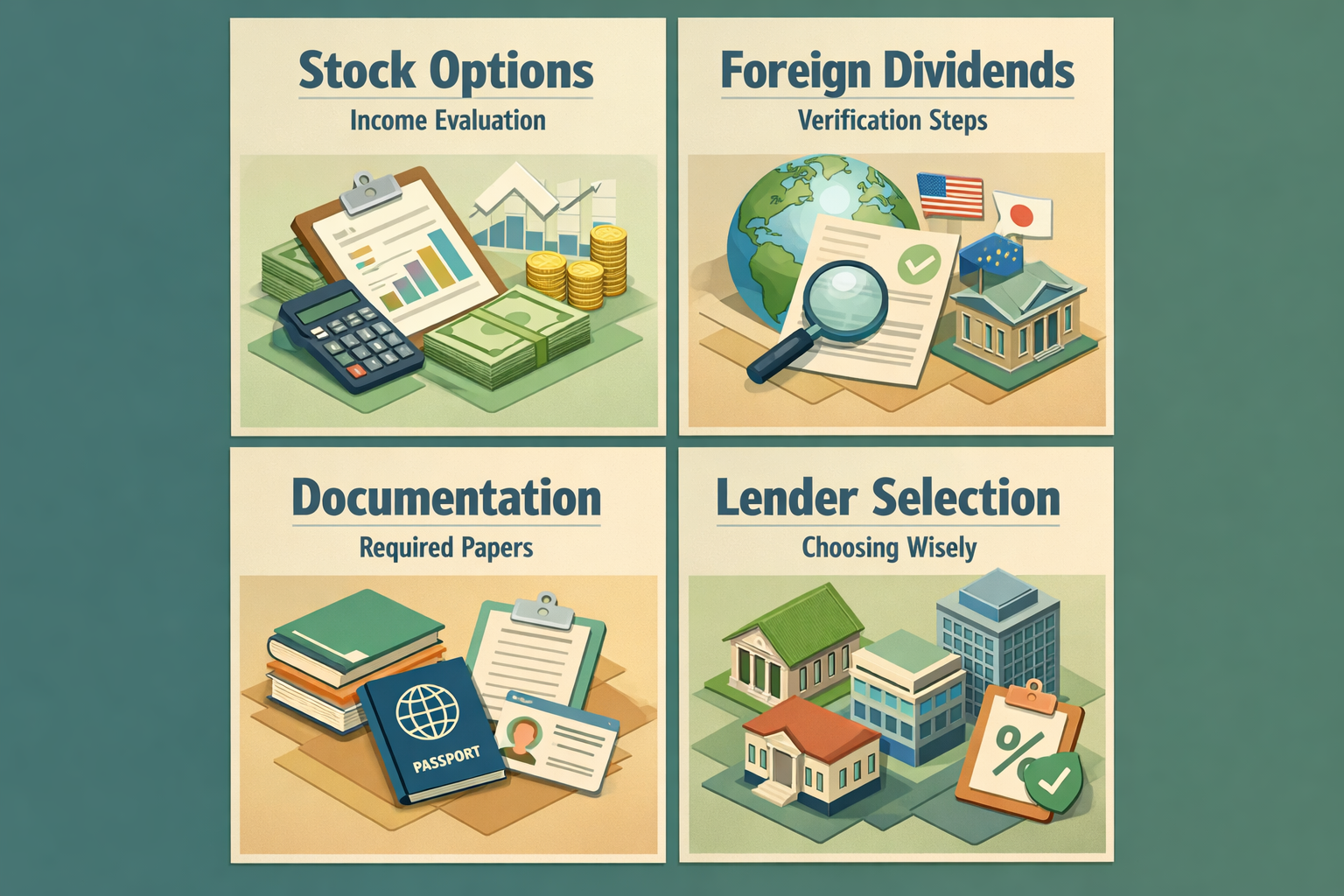 Infographic showing stock options income evaluation, foreign dividends verification, required documentation, and lender selection for jumbo loans.