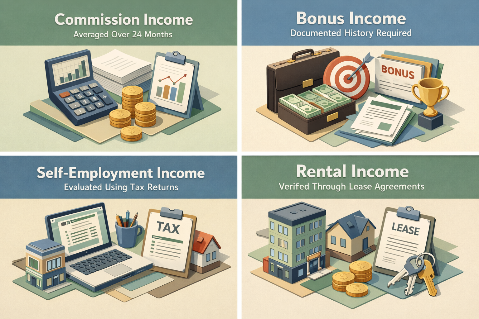 Infographic showing income types for jumbo loans: commission, bonus, self-employment, and rental income with their requirements.