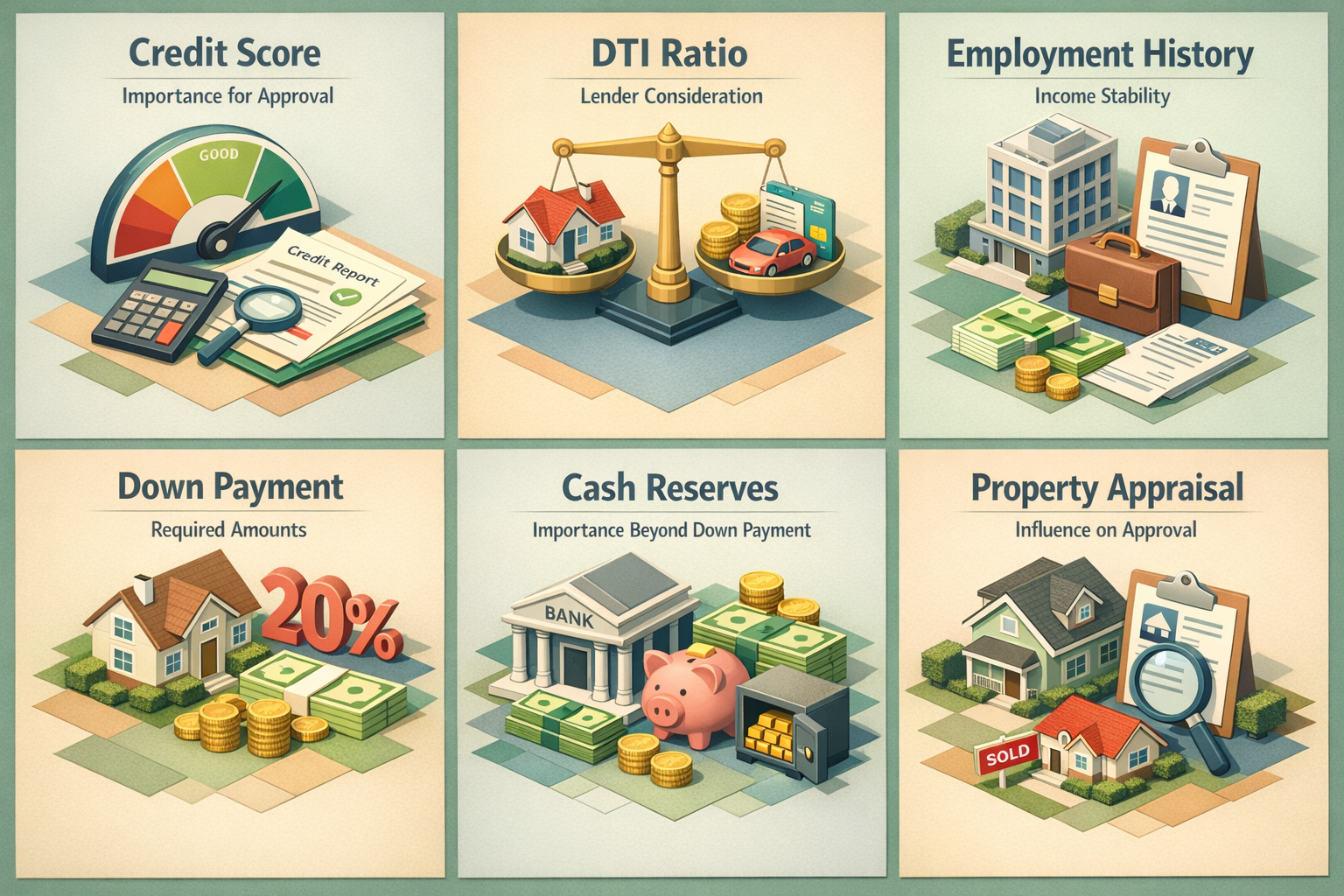 Infographic on mortgage application factors including credit score, DTI ratio, employment history, down payment, cash reserves, and property appraisal.