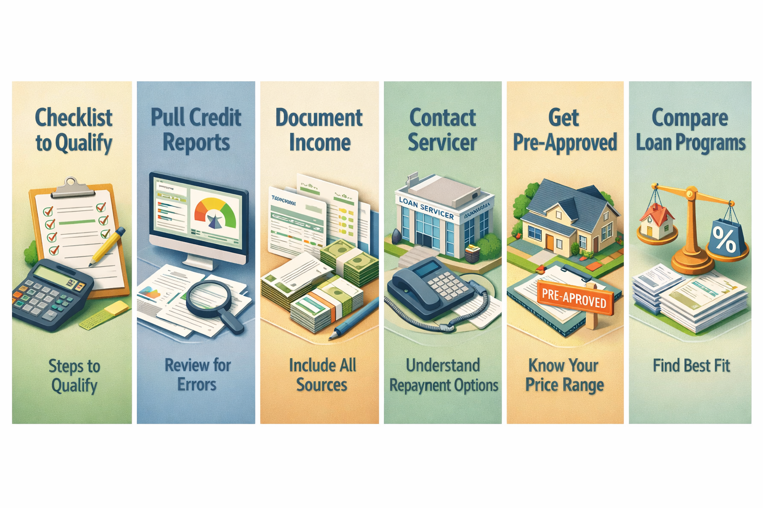 Checklist for qualifying for a mortgage with student loan debt including steps like pulling credit reports and comparing loan programs.