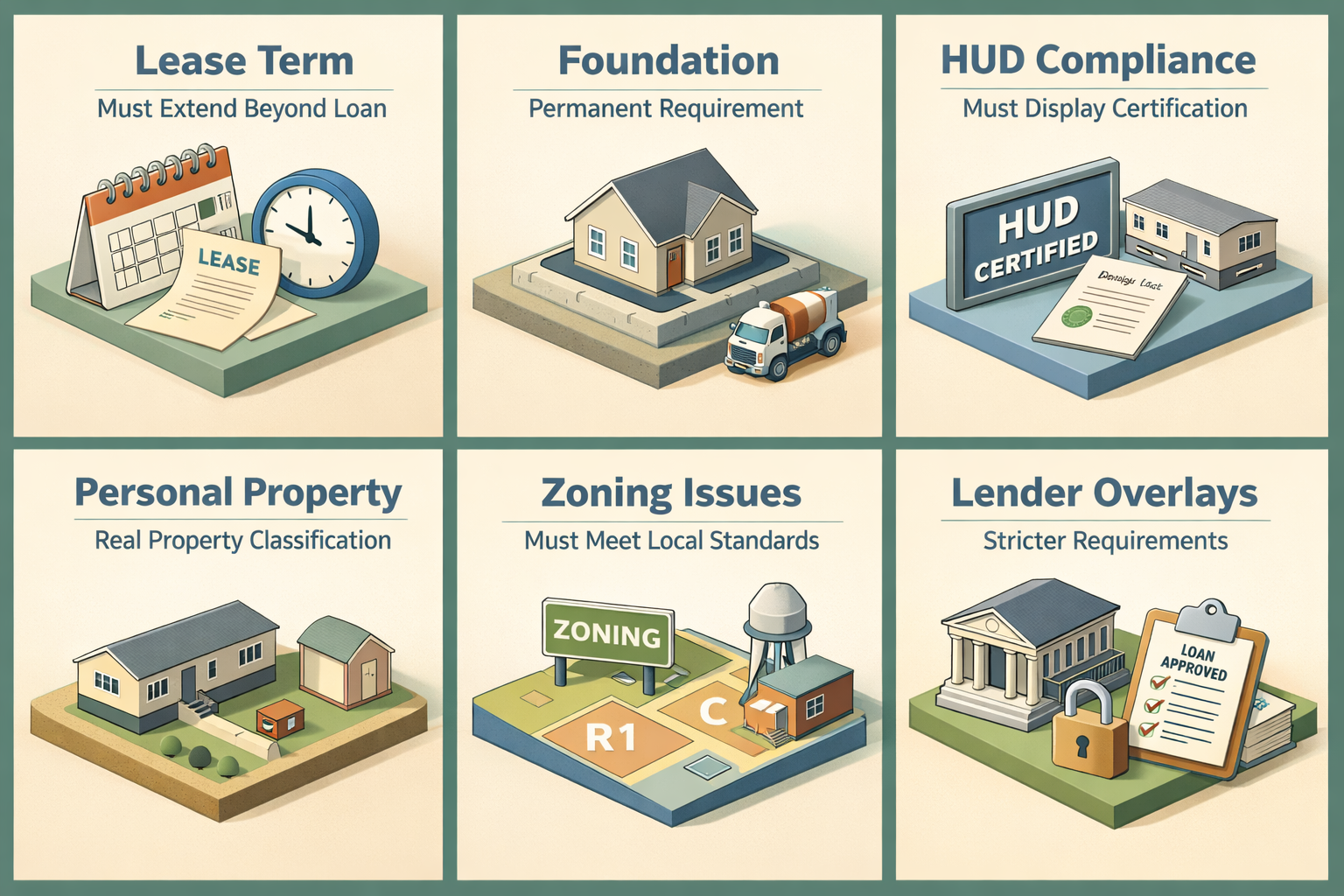 Infographic showing common reasons VA manufactured home loans on leased land get denied, including lease term and foundation issues.