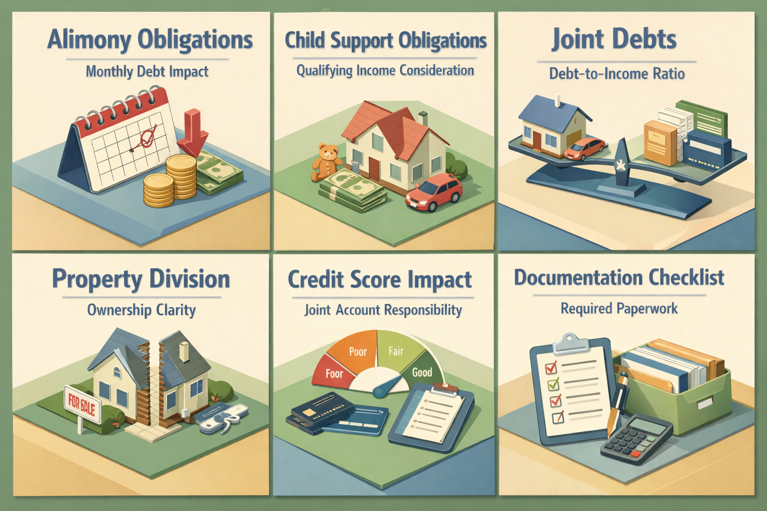 Infographic showing alimony obligations, child support obligations, joint debts, property division, credit score impact, and documentation checklist.