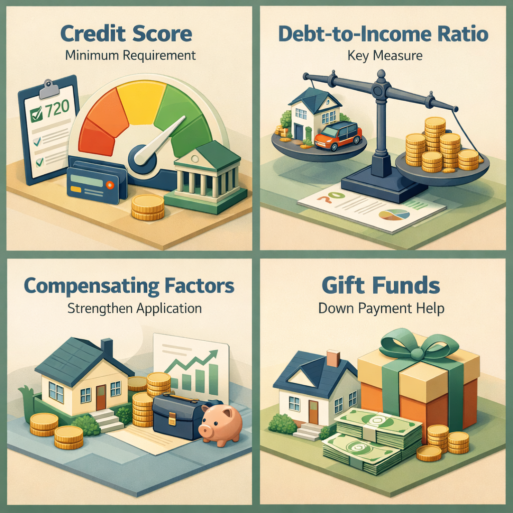 Infographic showing credit score, debt-to-income ratio, compensating factors, and gift funds for conventional loans after bankruptcy.