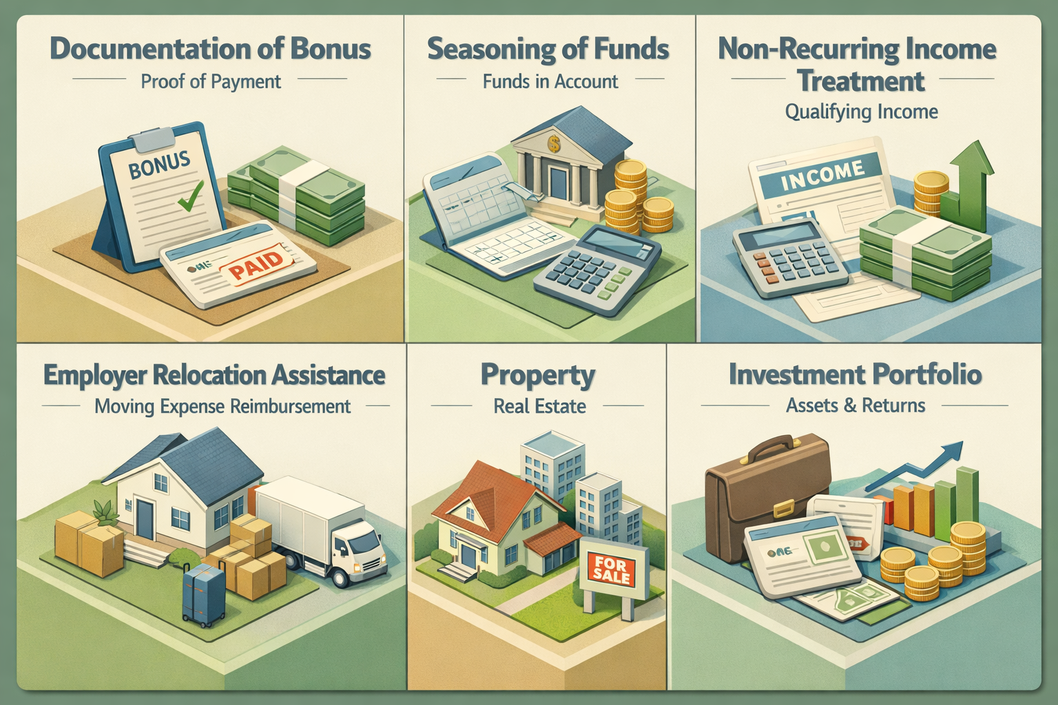 Infographic showing key requirements for conventional loan relocation bonuses including documentation, seasoning, and income treatment.