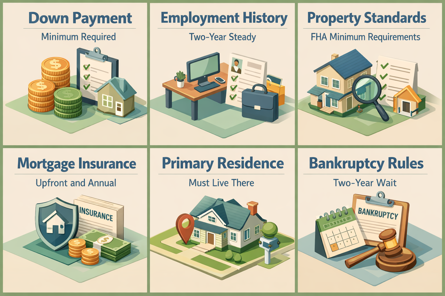 FHA loan requirements for low credit score and child support including down payment, employment history, and property standards.