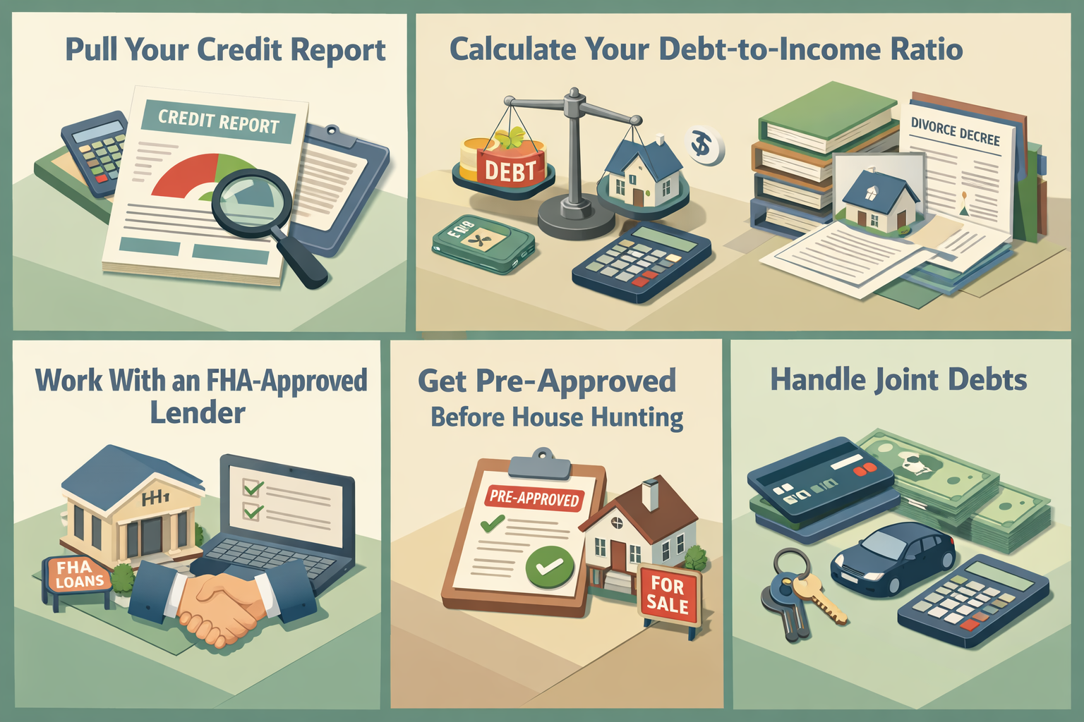 Step-by-step guide for qualifying for FHA loan with divorce decree and child support income, covering credit report to pre-approval.