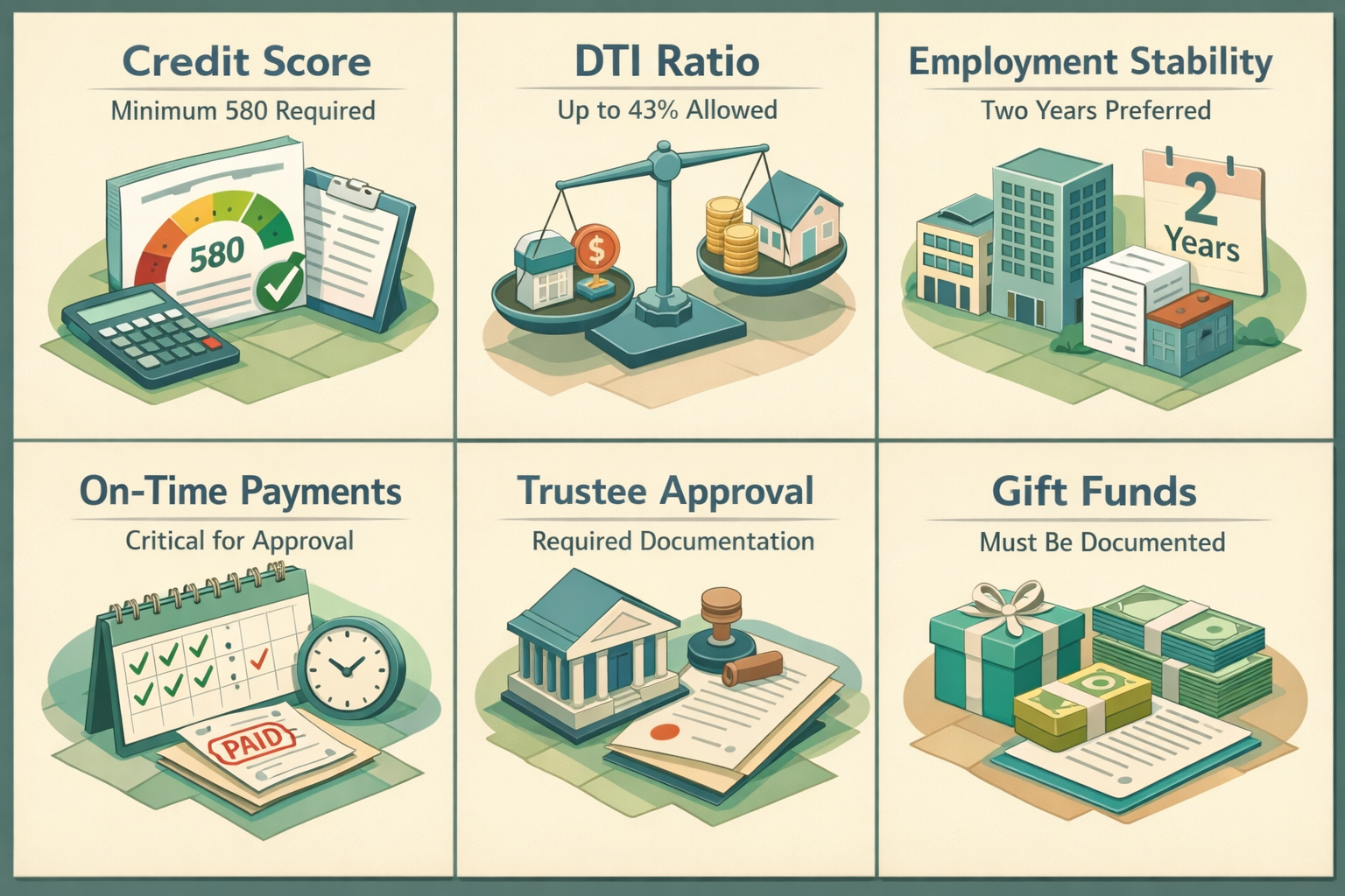Infographic illustrating FHA loan requirements after bankruptcy, including credit score, DTI ratio, employment stability, and more.