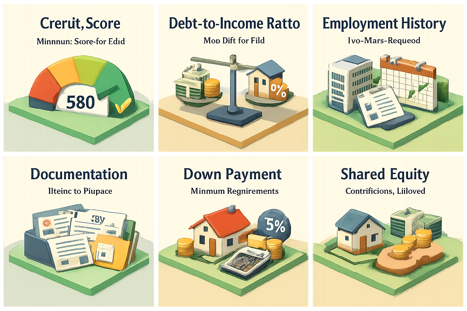 Infographic detailing FHA loan requirements including credit score, debt-to-income ratio, employment history, documentation, down payment, and shared equity.
