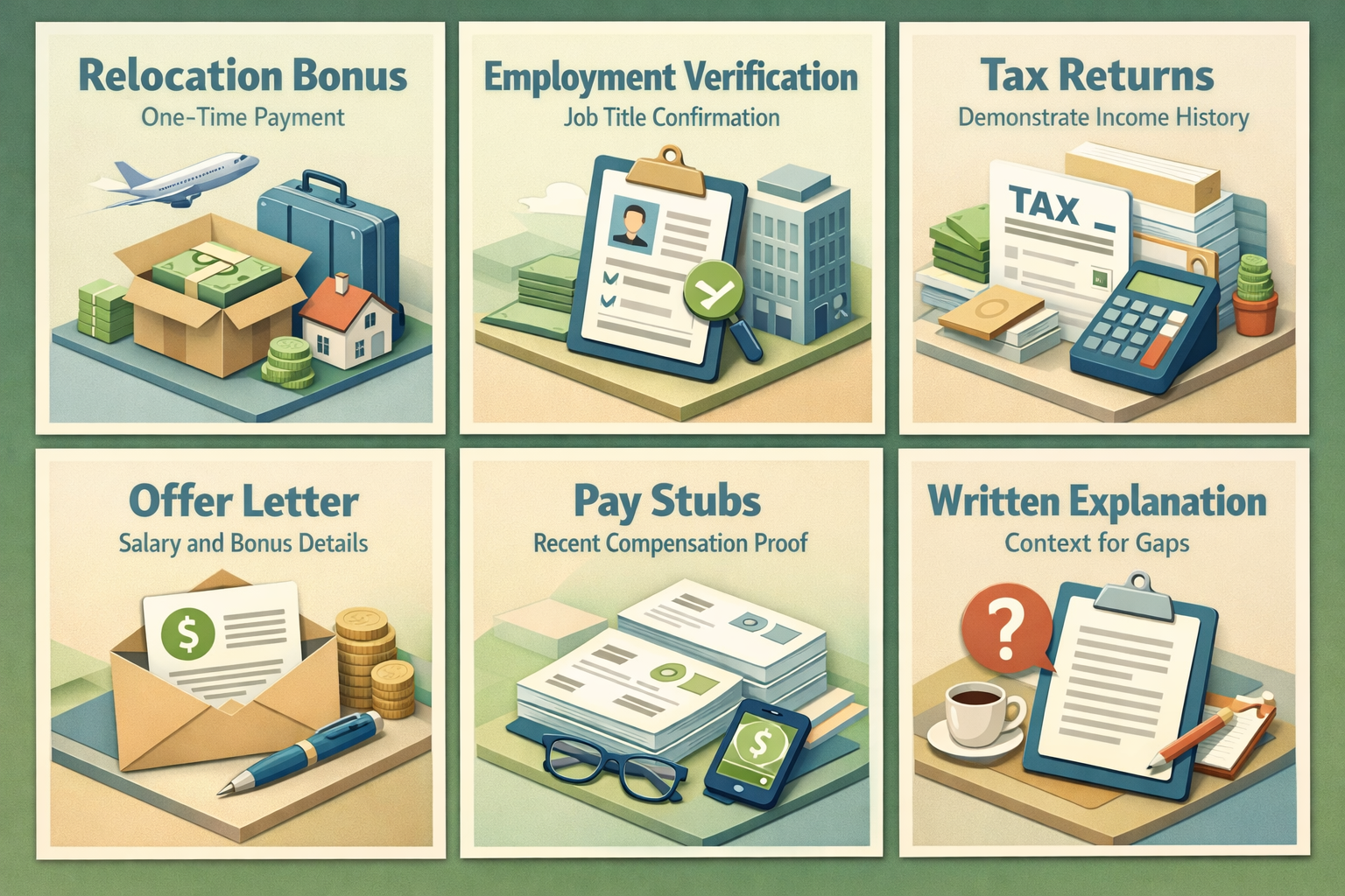 Infographic showing documentation needed for FHA loan with relocation bonus including offer letter, pay stubs, and tax returns.