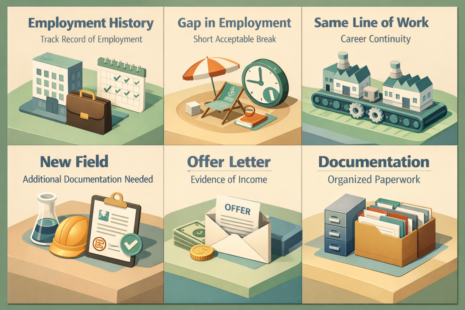 Infographic showing employment history requirements for FHA loans, including track record, gaps, and documentation needed.