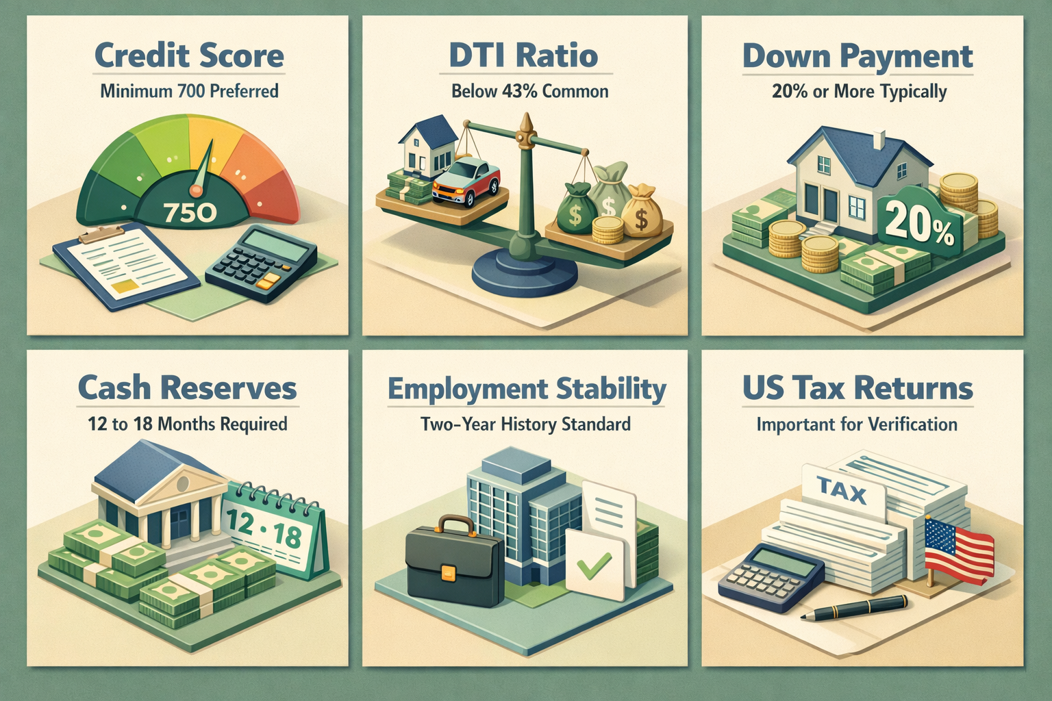 Infographic detailing key credit and financial benchmarks for jumbo loan approval including credit score, DTI, down payment, reserves, stability, and tax returns.