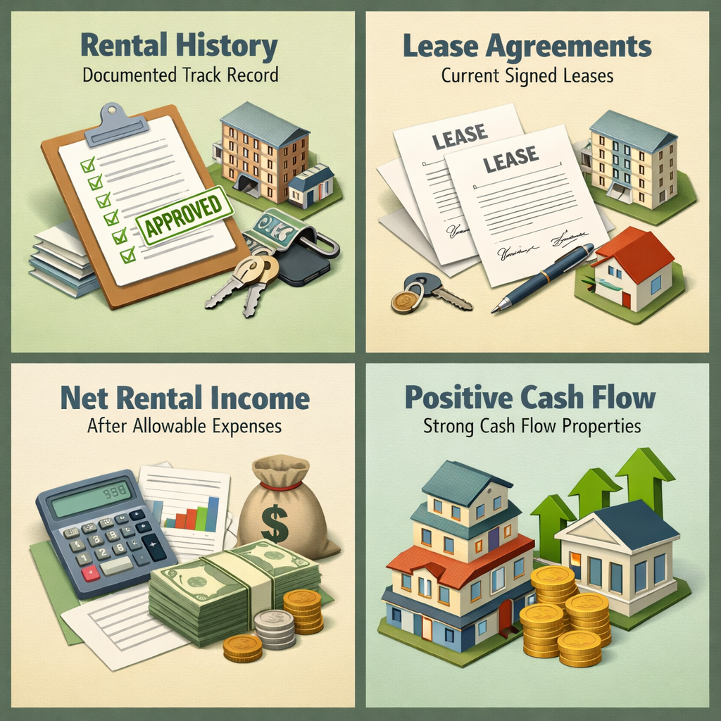 Infographic illustrating key factors for qualifying for a jumbo loan with rental income: rental history, lease agreements, net rental income, positive cash flow.