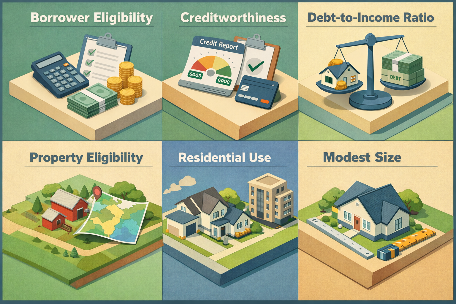 Infographic detailing USDA loan borrower and property eligibility requirements for rural properties with agricultural zoning.