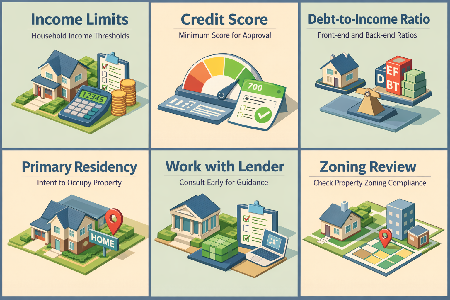 Infographic detailing borrower eligibility for USDA loans, covering income limits, credit score, debt-to-income ratio, residency intent, lender collaboration, and zoning review.