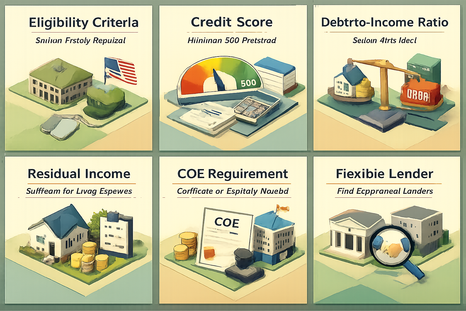 Infographic detailing VA loan eligibility criteria including service history, credit score, DTI, residual income, COE, and lender flexibility.
