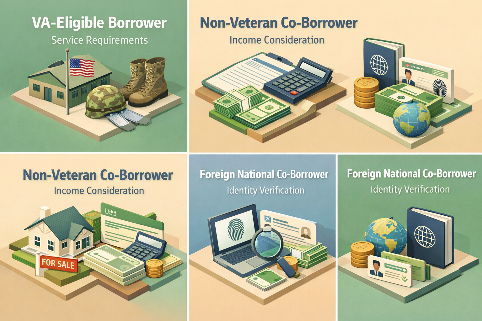 Infographic showing VA loan eligibility and co-borrower rules, highlighting VA-eligible borrower, non-veteran co-borrower, and foreign national co-borrower.