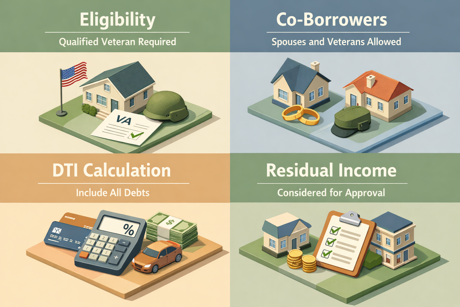 Infographic on VA loan eligibility, co-borrowers, DTI calculation, and residual income considerations.
