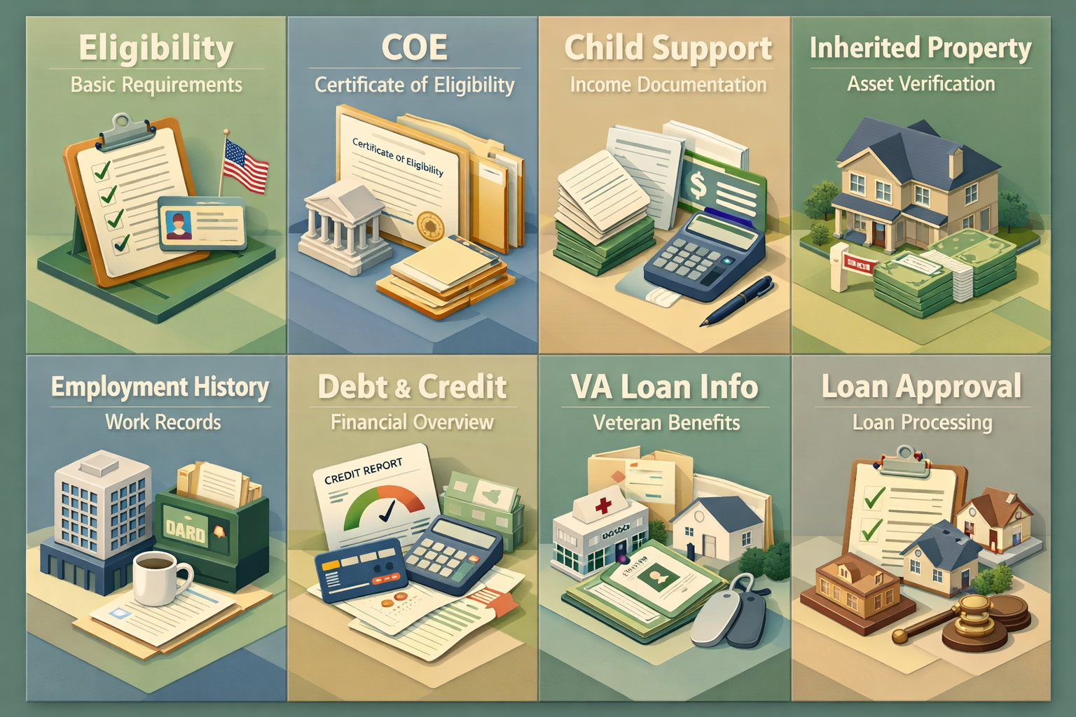 Checklist for VA loan qualification including eligibility, COE, child support income, and inherited property documentation.