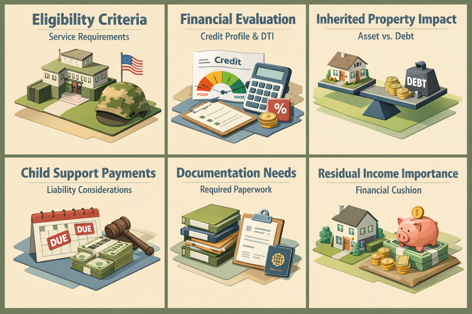 Infographic on VA loan eligibility covering service requirements, financial evaluation, inherited property impact, child support payments, documentation needs, and residual income importance.