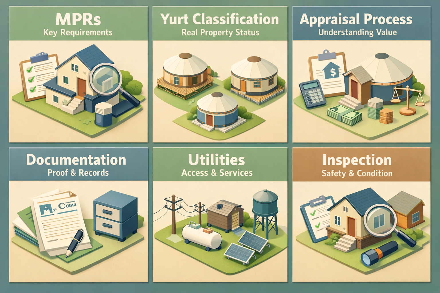 Infographic illustrating VA appraisals for off-grid yurts, covering MPRs, classification, and appraisal process.