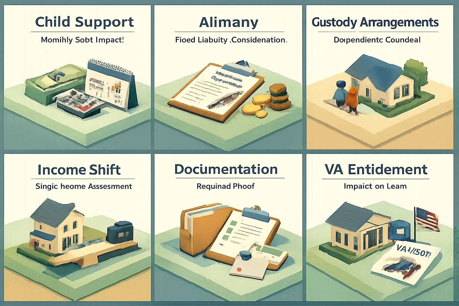 Infographic detailing child support, alimony, custody arrangements, income shifts, documentation needs, and VA entitlement impact.