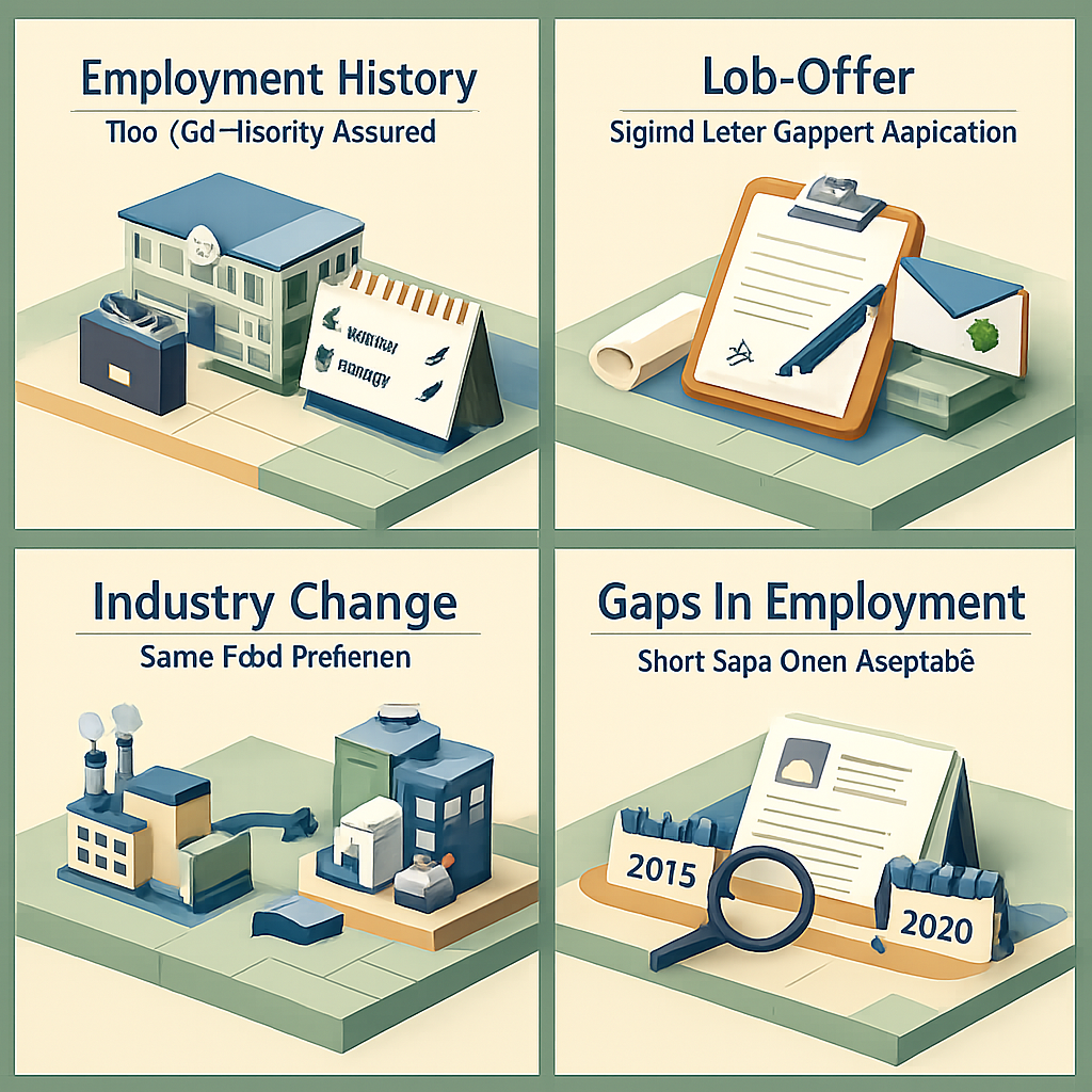 Infographic showing factors lenders consider for VA loan eligibility after job relocation: employment history, job offer, industry change, gaps in employment.