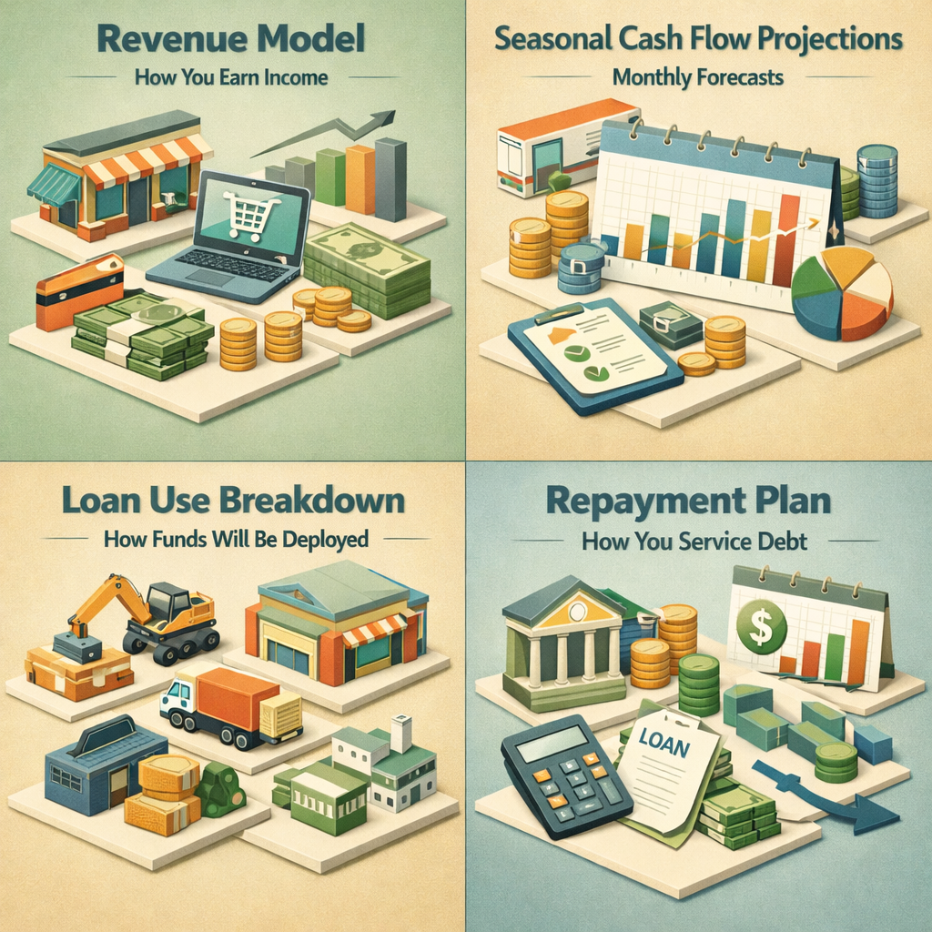 Infographic showing revenue model, seasonal cash flow projections, loan use breakdown, and repayment plan for mobile blacksmithing studio.