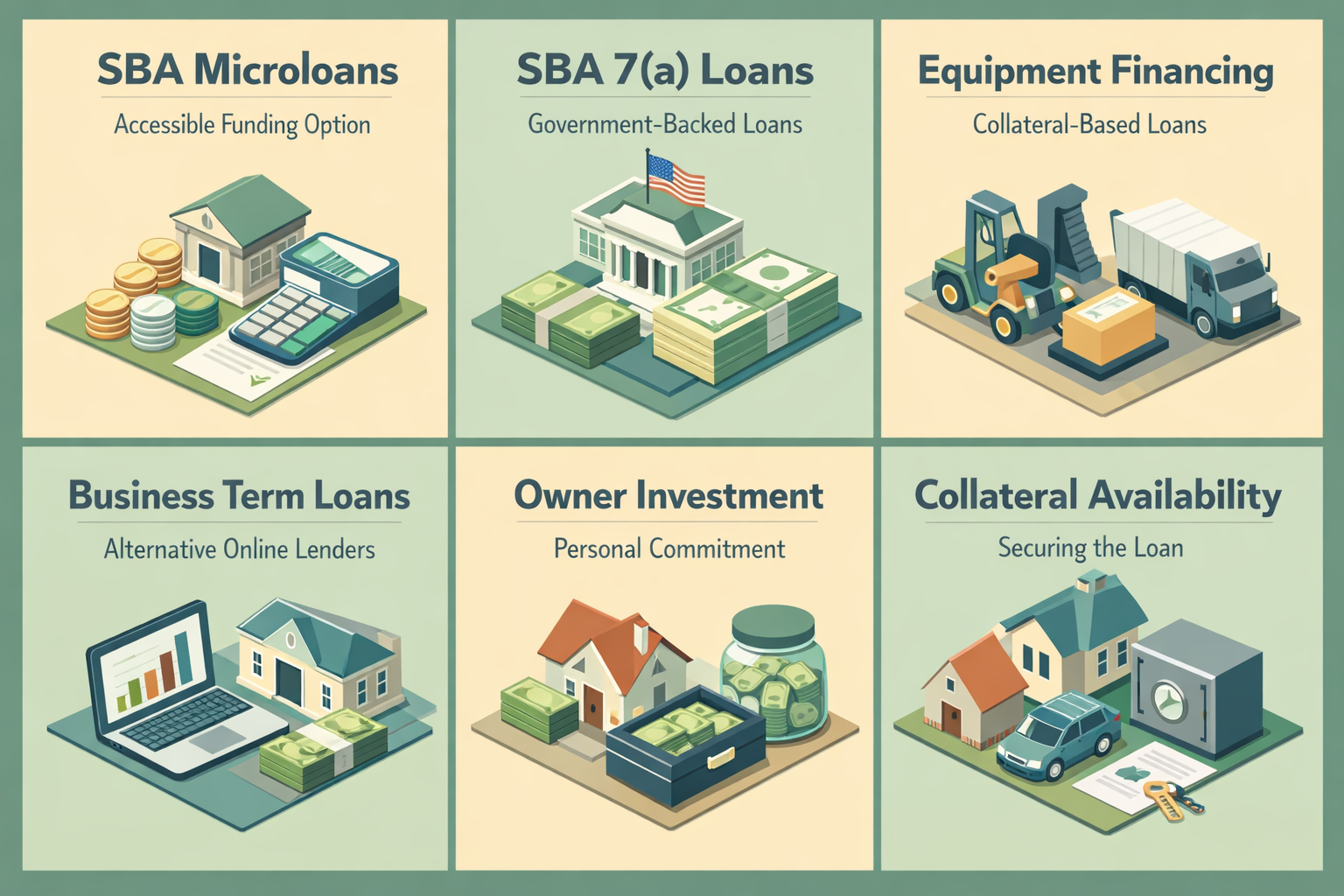 Infographic showing various startup business loan options including SBA Microloans, SBA 7(a) Loans, Equipment Financing, and more.