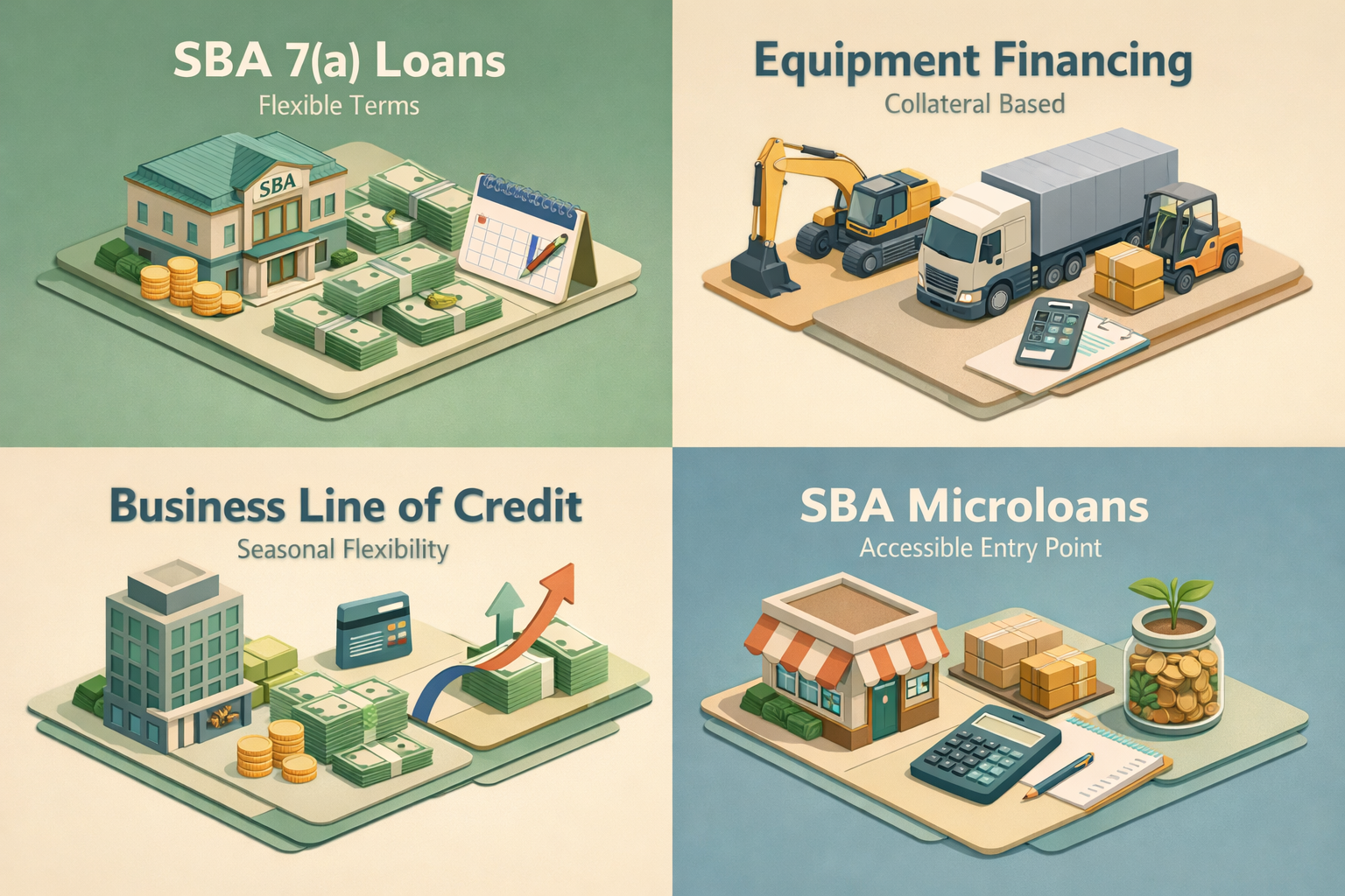 Infographic showing loan types for mobile pet grooming business: SBA 7(a), Equipment Financing, Business Line of Credit, SBA Microloans.