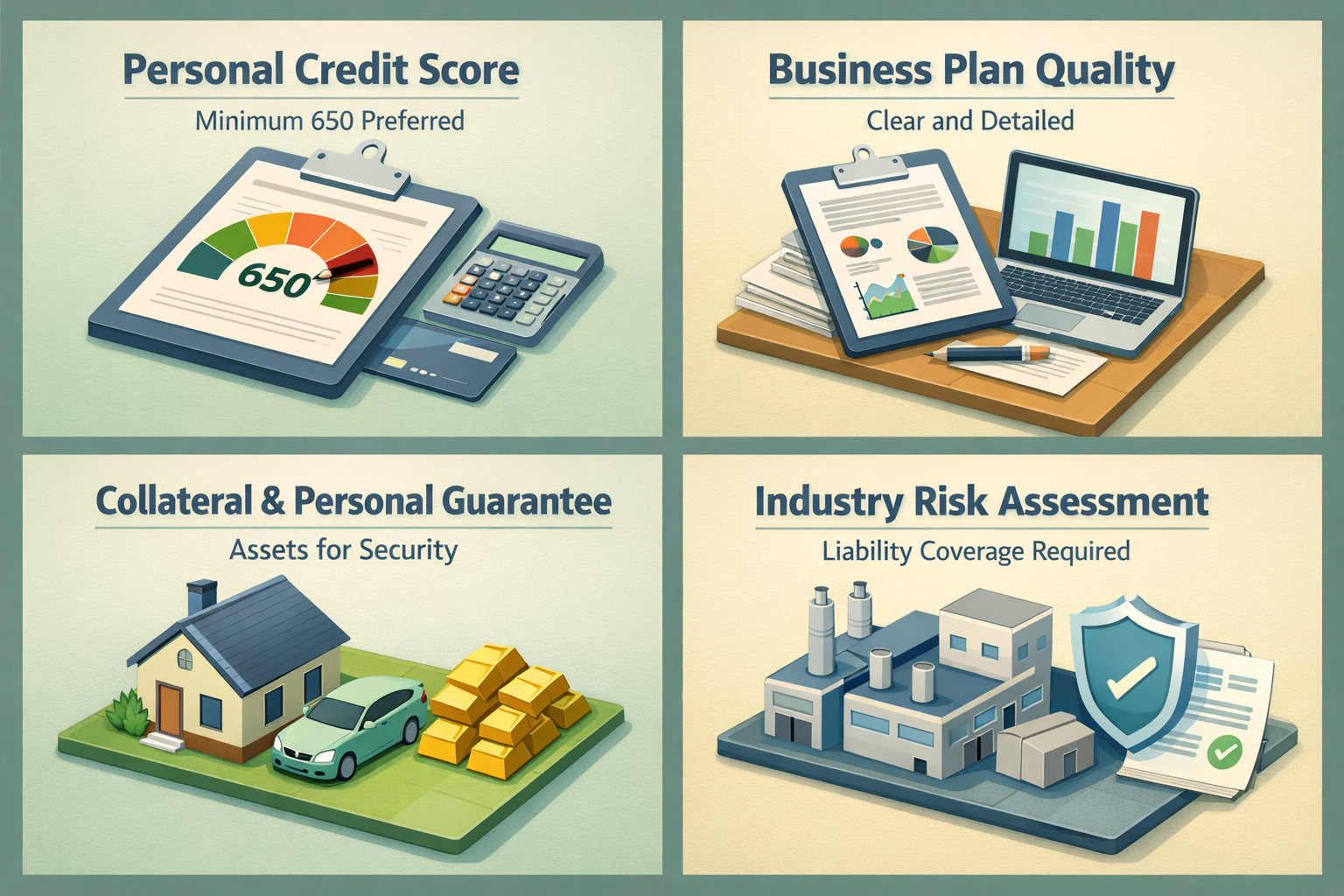 Infographic showing key eligibility factors for securing an SBA loan for a mobile axe throwing business, including credit score and business plan quality.