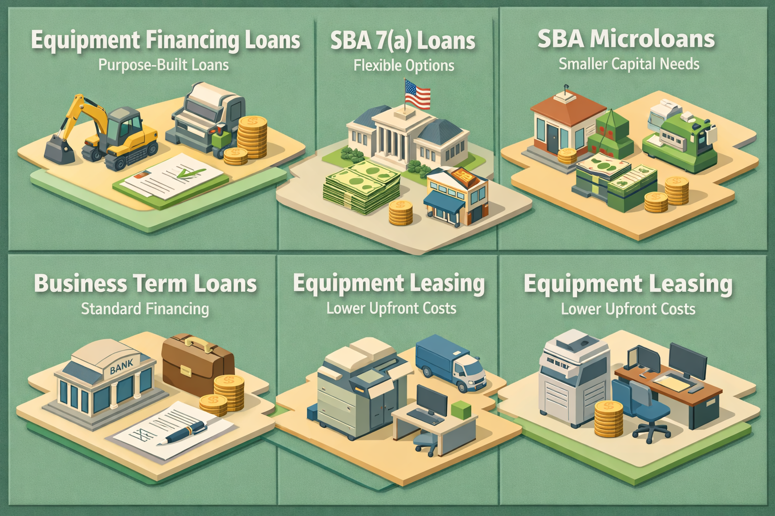 Infographic on loan options for mobile bakery equipment including Equipment Financing Loans, SBA 7(a) Loans, and more.