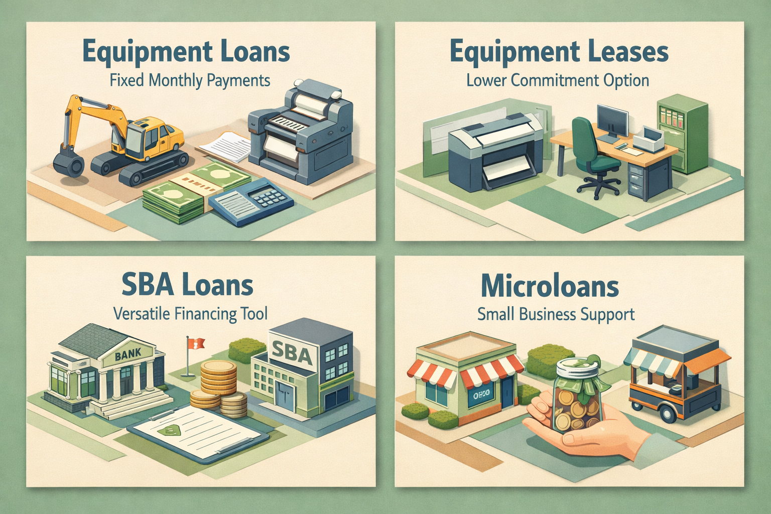 Infographic on equipment financing options for mobile blacksmithing studios including loans and leases.