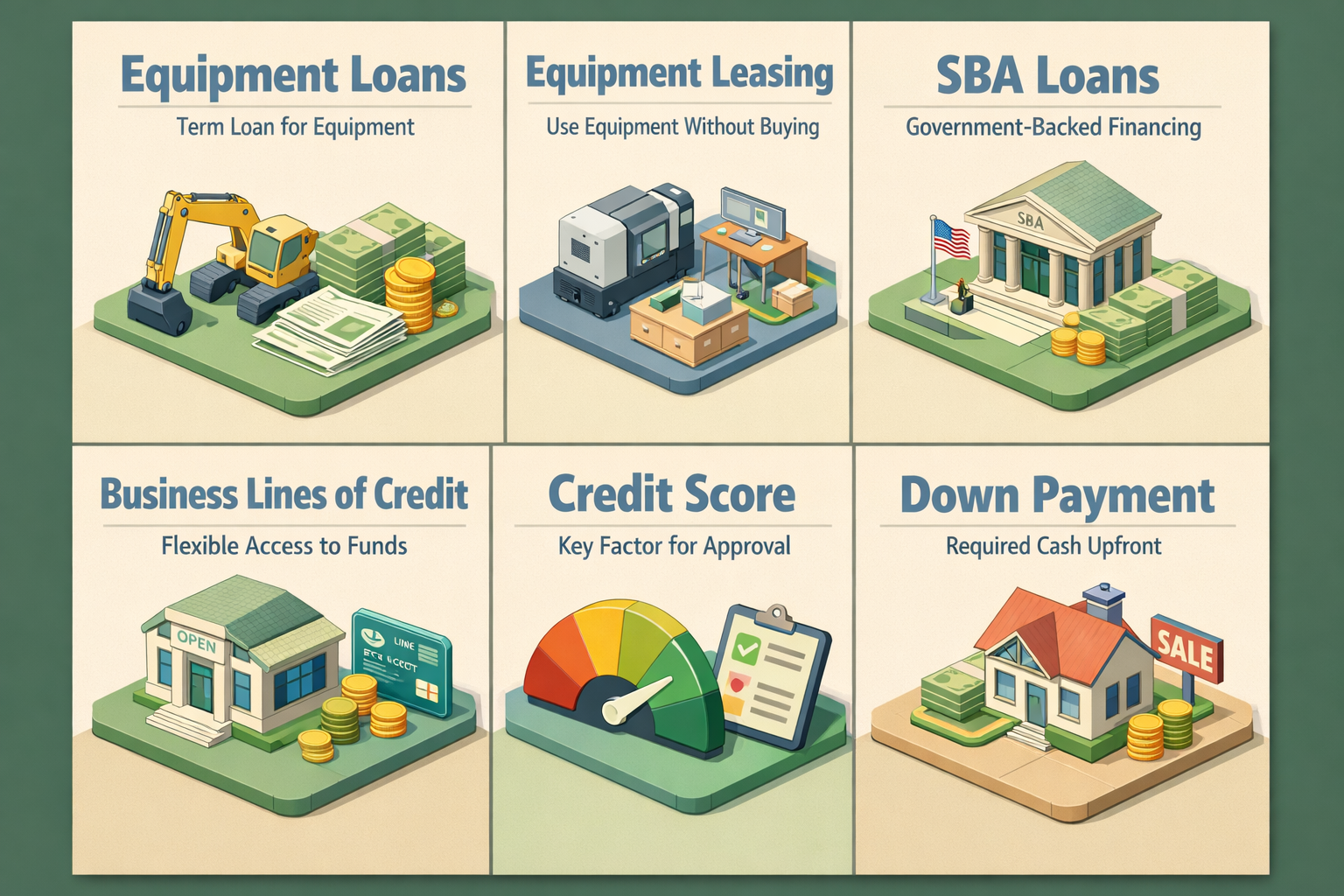 Infographic showing equipment financing options including loans, leasing, SBA loans, and credit lines with key factors like credit score and down payment.