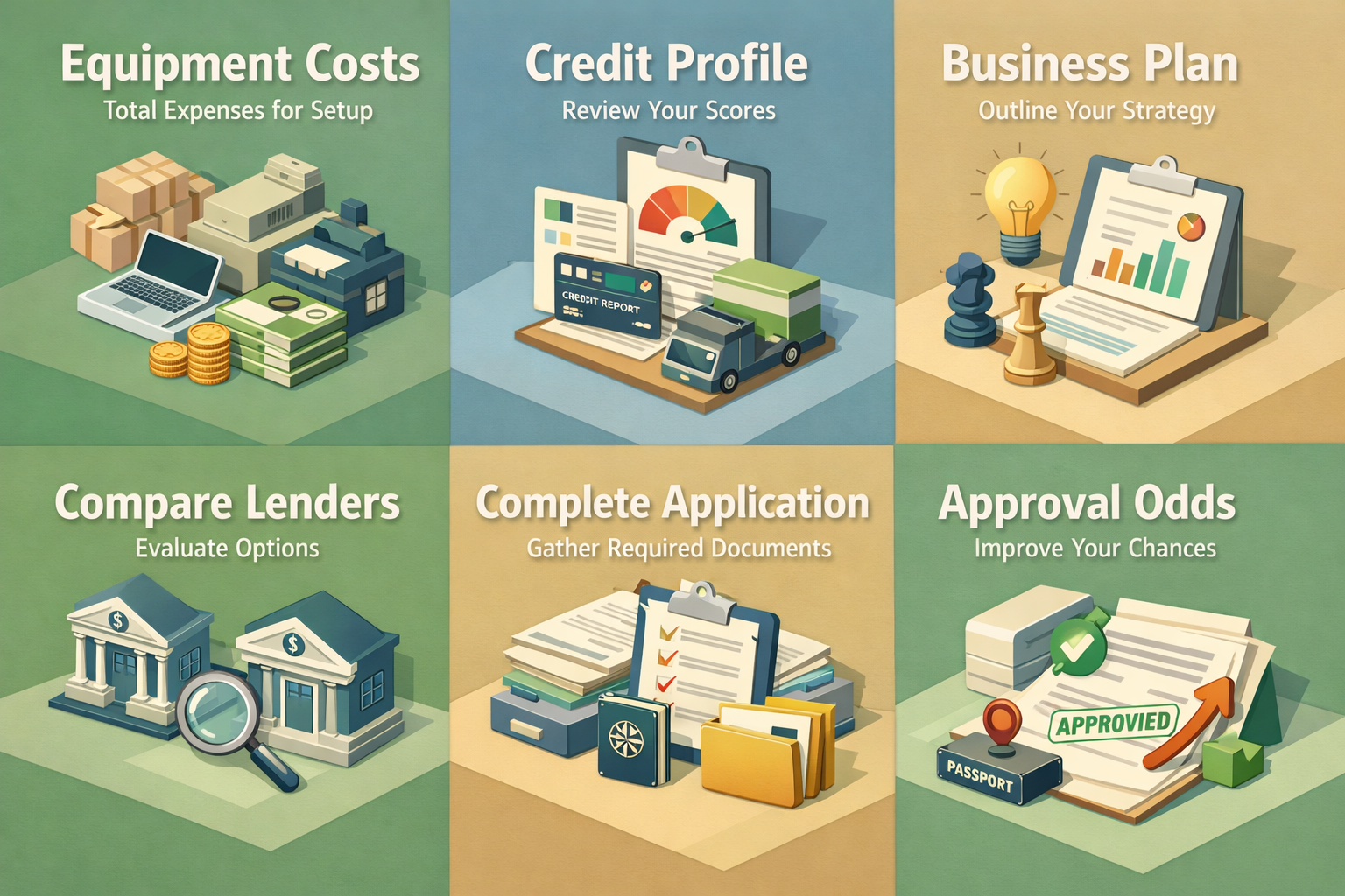 Infographic detailing steps to secure equipment financing for a mobile coffee cart, including costs, credit review, and lender comparison.