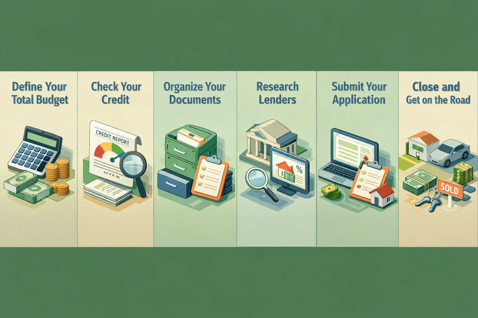 Steps to secure equipment financing for a mobile dog grooming van including budgeting, credit checks, and lender research.