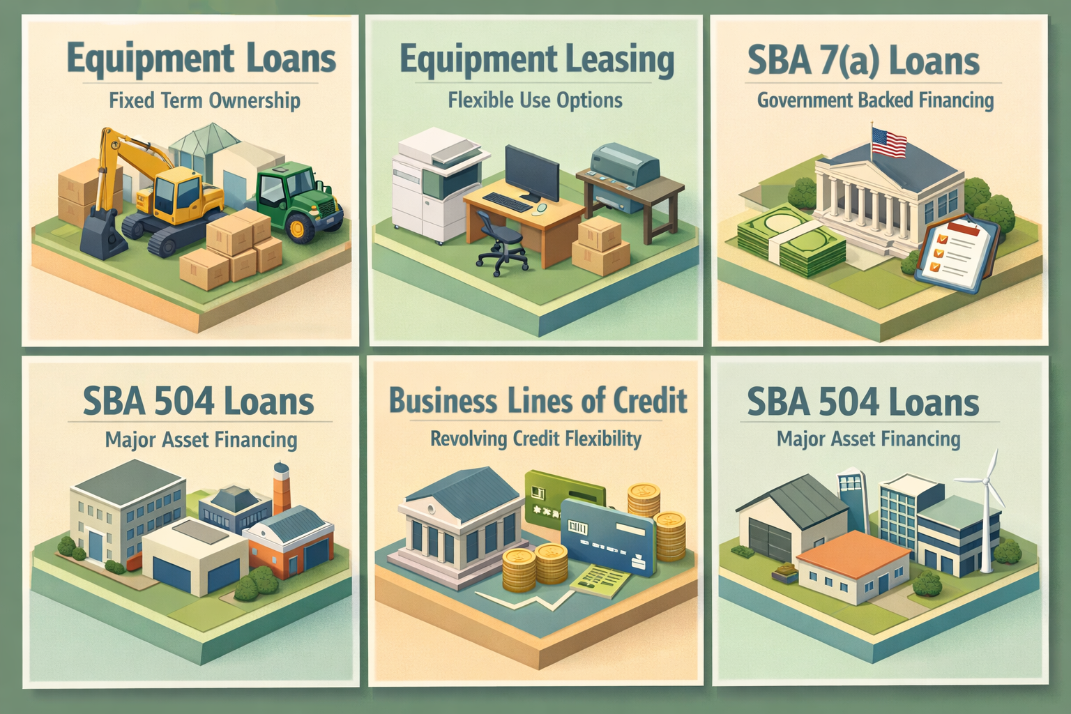 Infographic showing financing options for drone repair including Equipment Loans, Leasing, SBA Loans, and Lines of Credit.