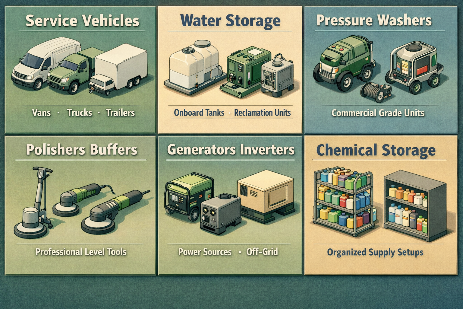 Infographic showing equipment financing options for mobile detailing service including vehicles, storage, and tools.