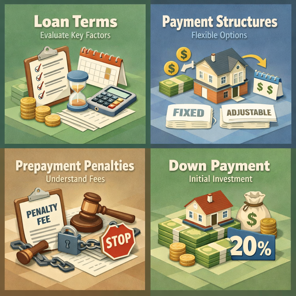 Infographic on loan terms for seasonal business funding, covering key factors, payment structures, prepayment penalties, and down payment requirements.