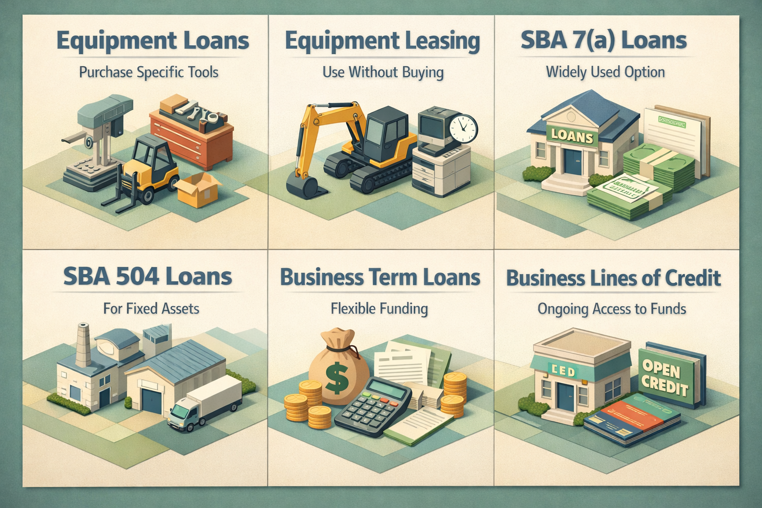 Infographic showing equipment financing options for mobile woodworking including loans, leasing, and lines of credit.