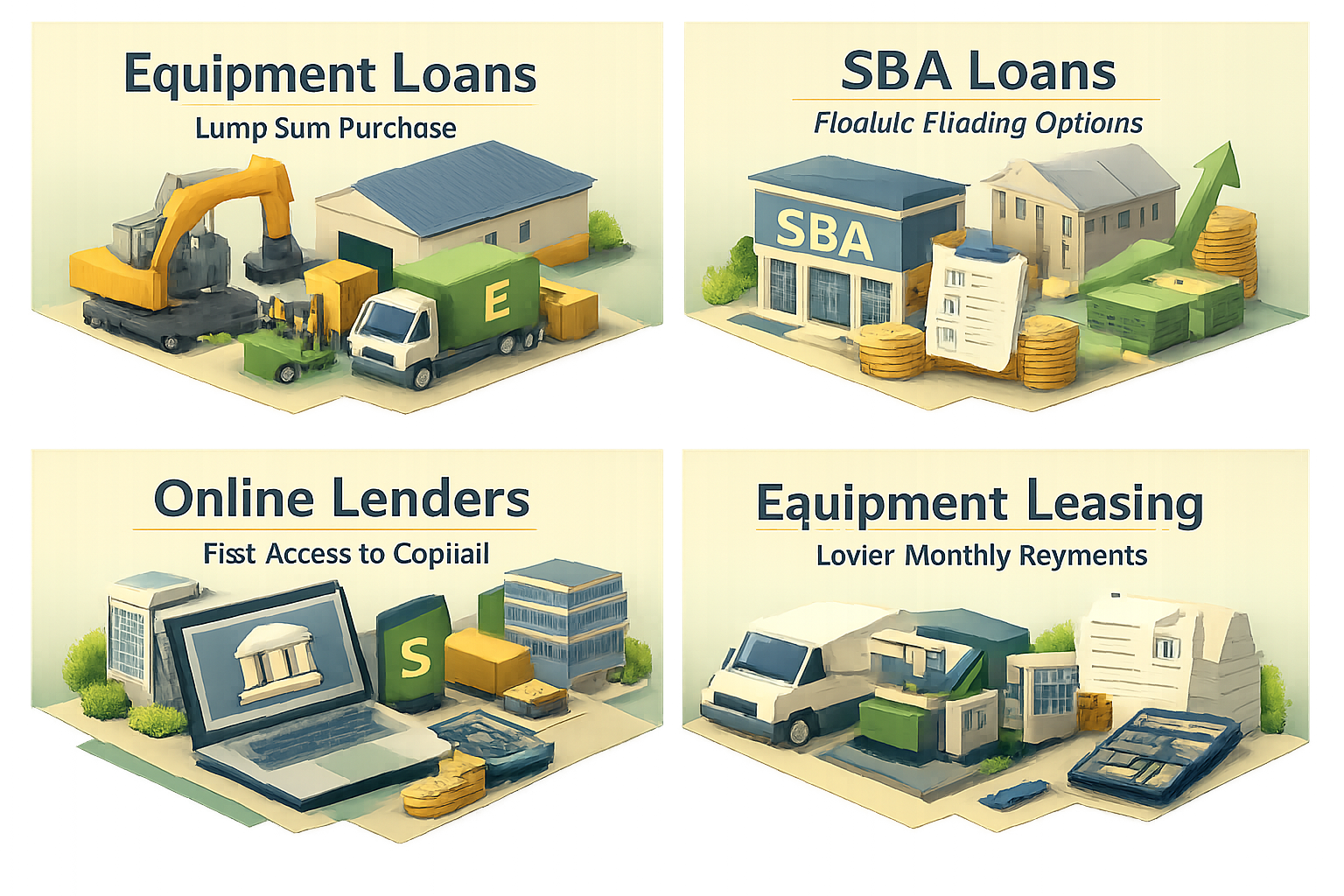 Infographic showing financing options for portable sawmill owners: Equipment Loans, SBA Loans, Online Lenders, Equipment Leasing.