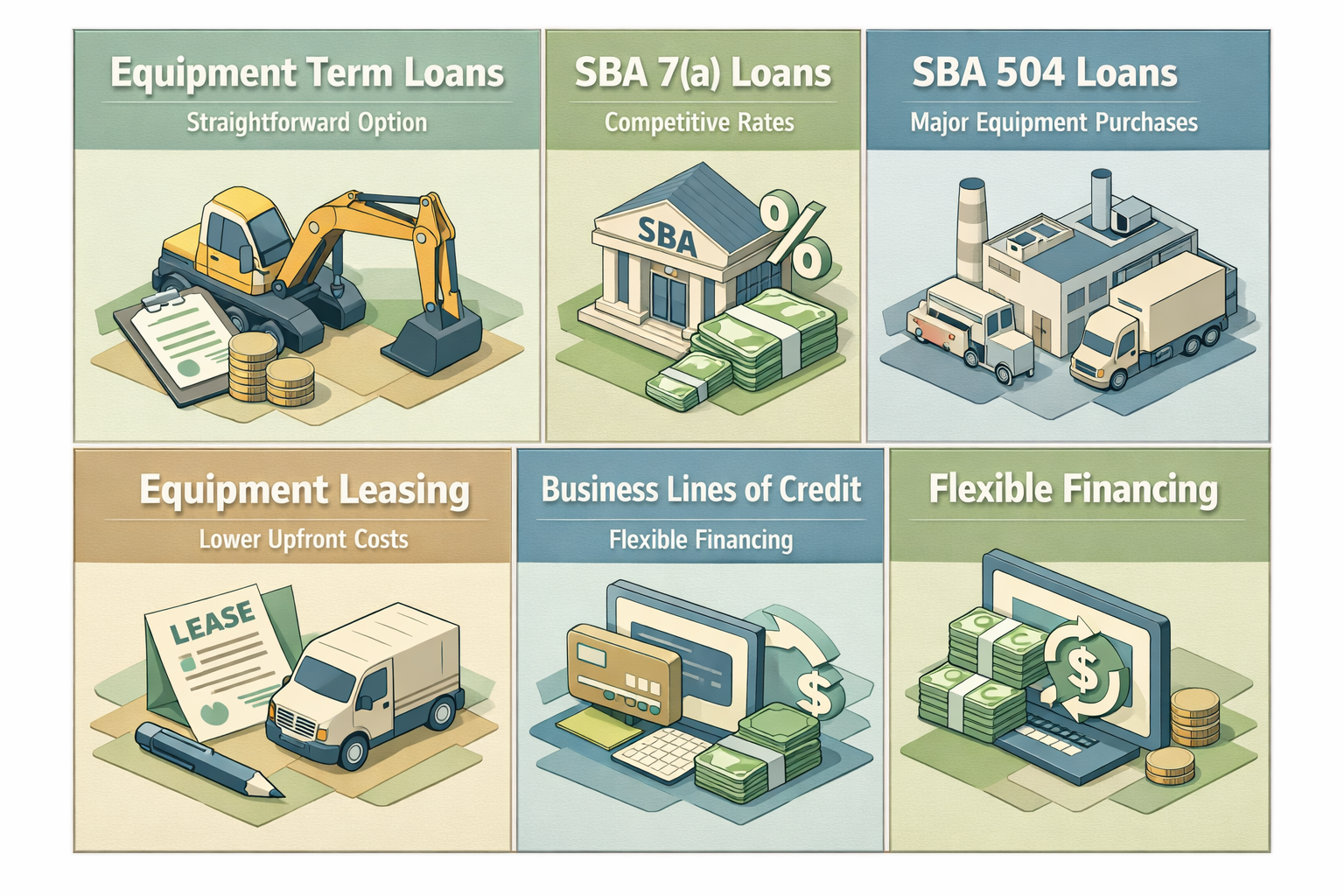 Infographic showing loan types for portable sawmill financing: Equipment Term Loans, SBA 7(a) Loans, SBA 504 Loans, Equipment Leasing, Business Lines of Credit.