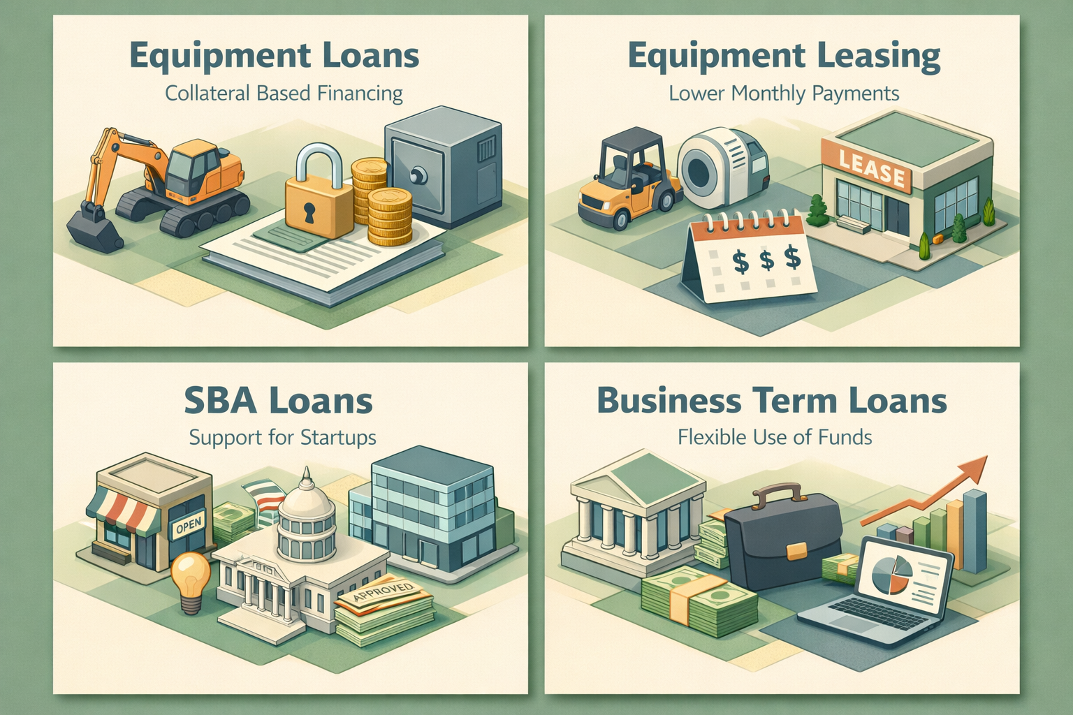 Infographic showing financing options for portable tattoo studios: Equipment Loans, Equipment Leasing, SBA Loans, Business Term Loans.