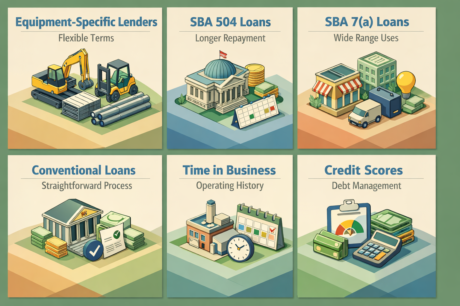 Infographic showing key financing options for welding equipment including lenders, loan types, and evaluation criteria.
