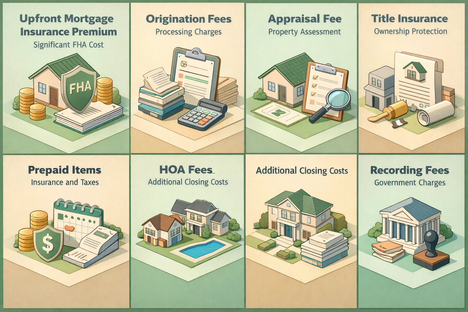 Infographic detailing FHA condo loan closing costs including UFMIP, origination fees, appraisal fees, title insurance, and HOA fees.