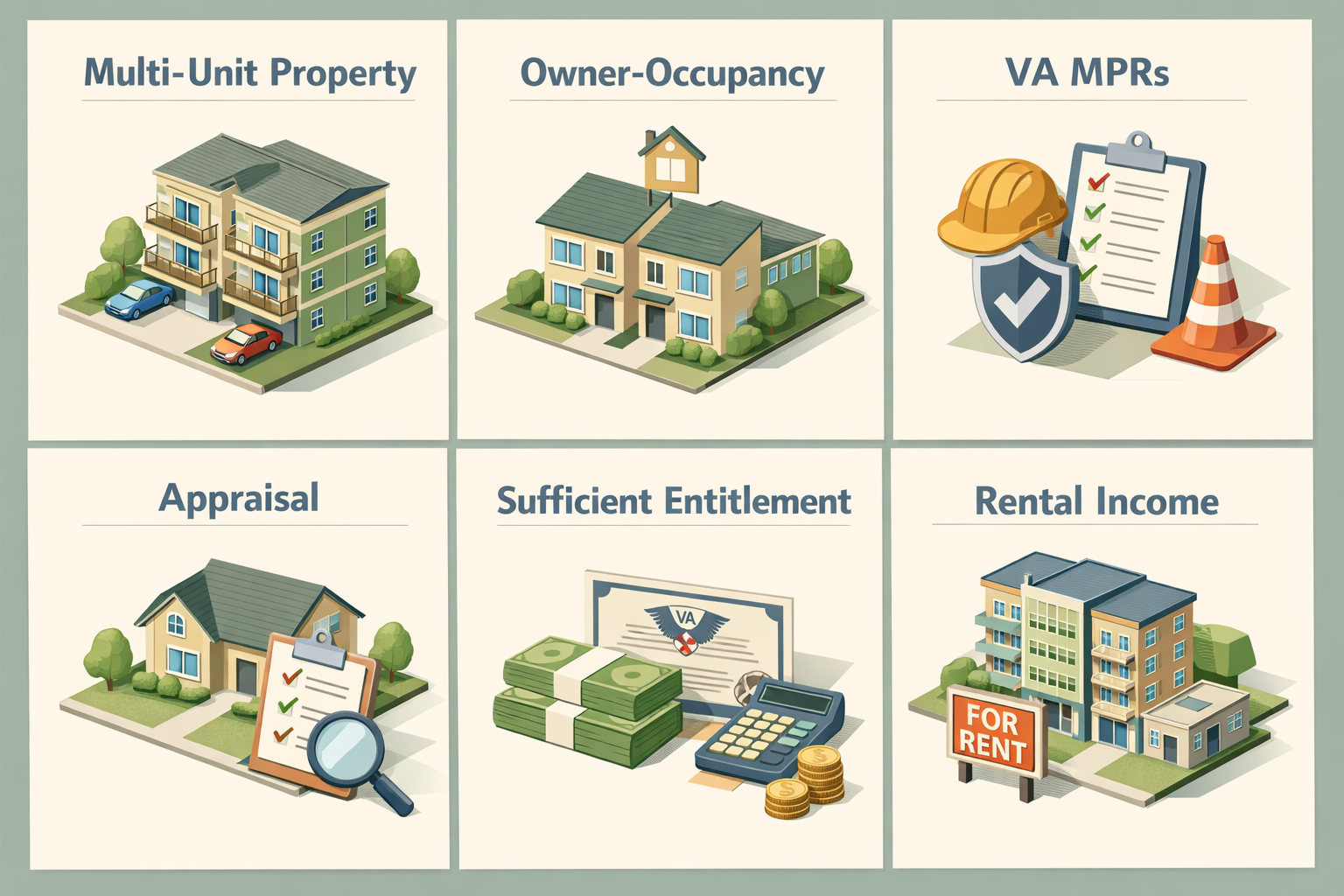 Infographic on VA loan for multi-unit properties covering eligibility, owner-occupancy, MPRs, appraisal, entitlement, and rental income.