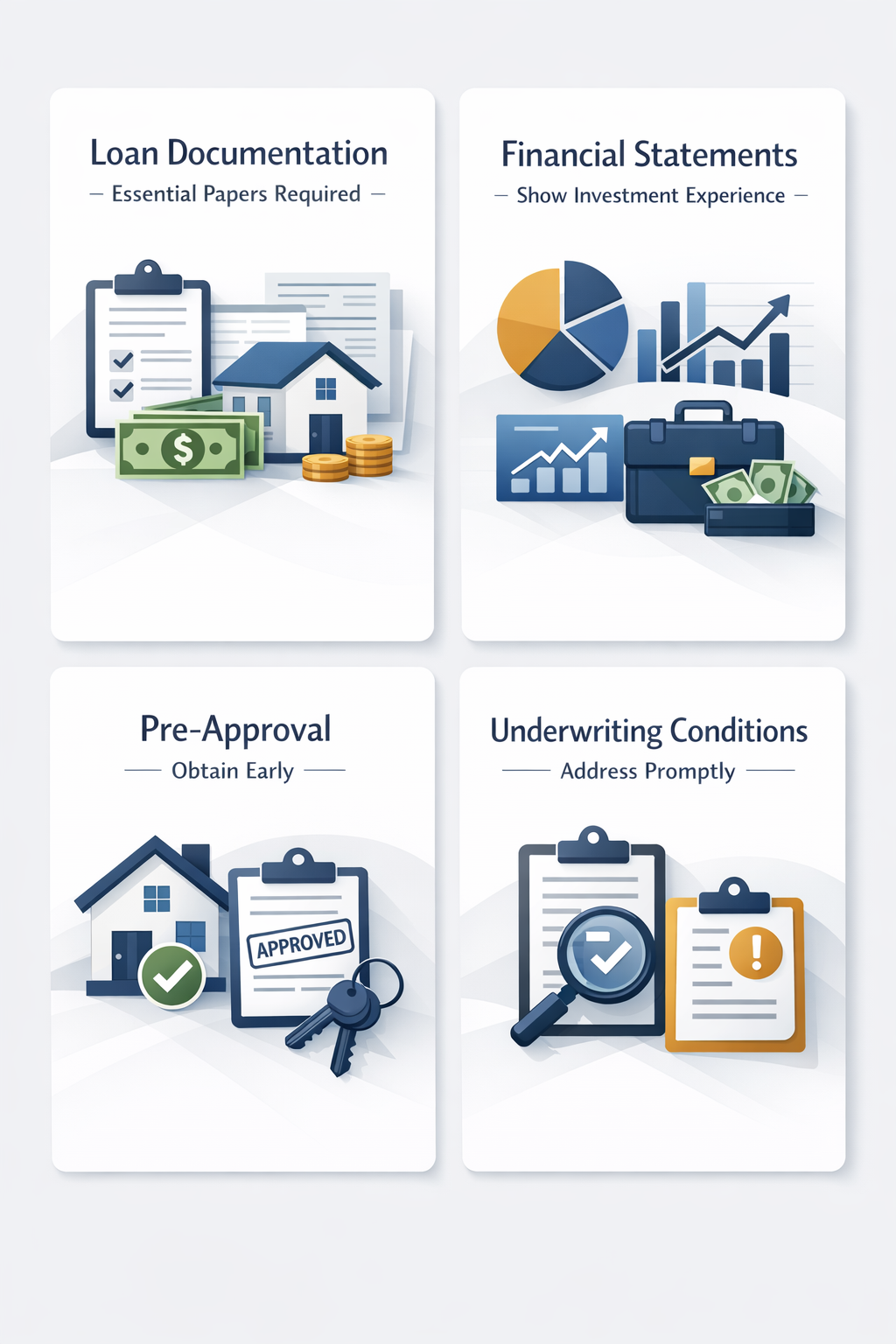 Visual guide on investment property loan application process with essential documentation and steps for investors.
