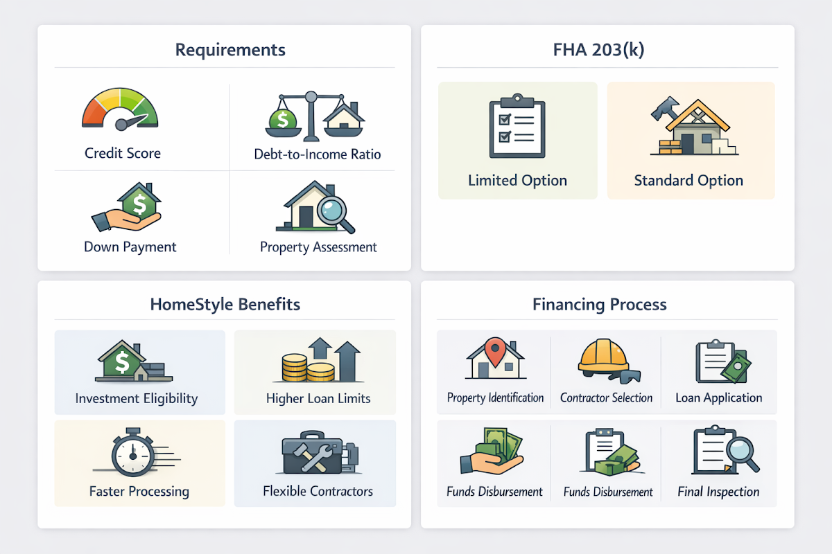 Visual guide on financing home improvements with steps including property identification, contractor selection, and loan application.