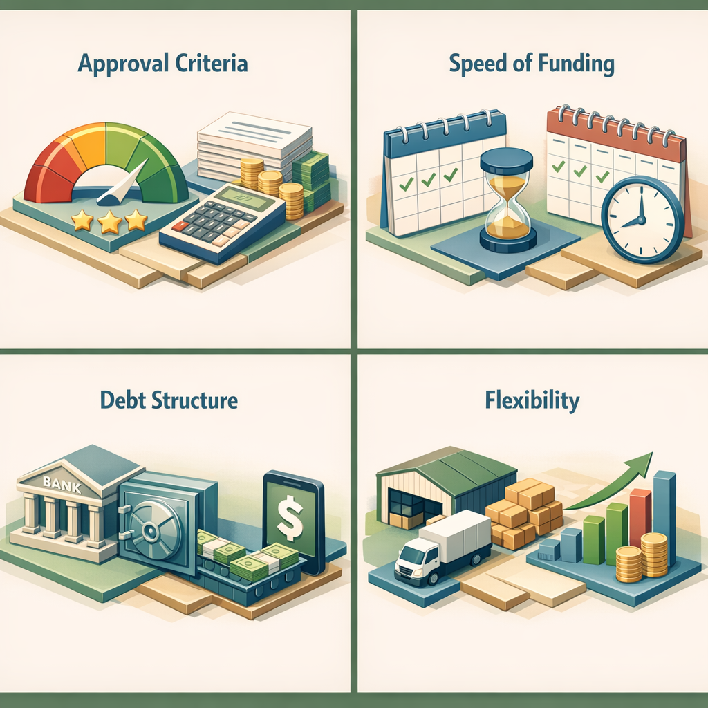 Comparison of invoice financing and traditional business loans highlighting approval criteria, funding speed, debt structure, and flexibility.